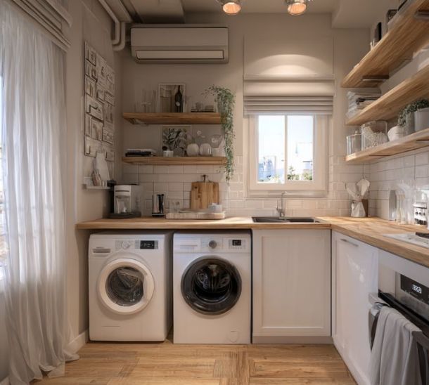Arredo spazi piccoli - cucina moderna angolare bianca e legno