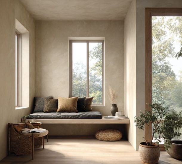 Design sensoriale ambiente living con luce naturale, legno e piante