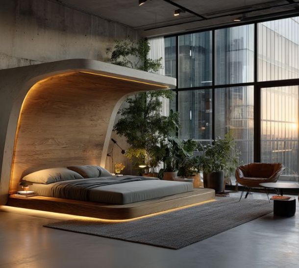 Camera da letto moderna con letti intelligenti del futuro, struttura in legno curvo con illuminazione integrata, grandi vetrate e atmosfera rilassante pensata per il benessere e il sonno.