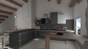 Rendering arredamento cucina con penisola per rustico