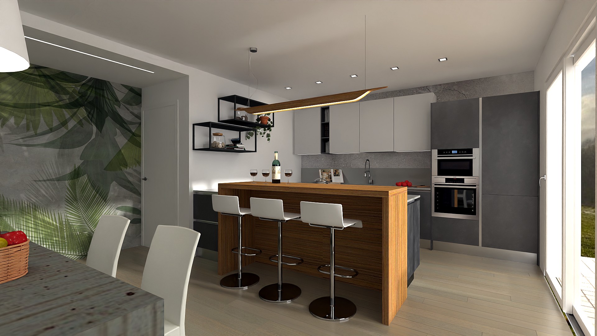 Progetto cucina con penisola bianca e cemento