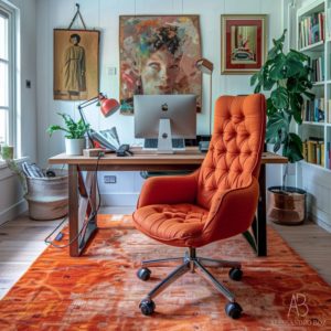 Studio mdoerno in casa, scrivania in legno e metallo, poltrona ergonomica imbottita con ruote, tappero arancione