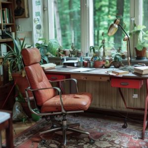 Ufficio vintage con scrivania metallica, poltrona imbottita in pelle invecchiata, piante d'arredo