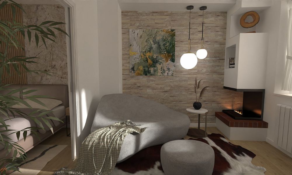 Progettazione interni living con camino