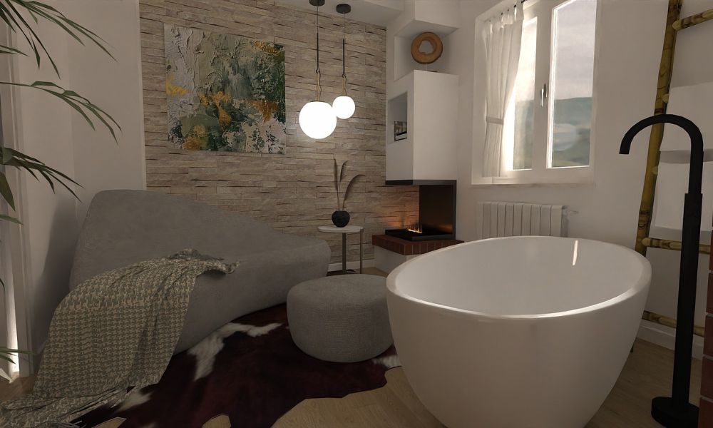 Progettazione interni living con vasca da bagno