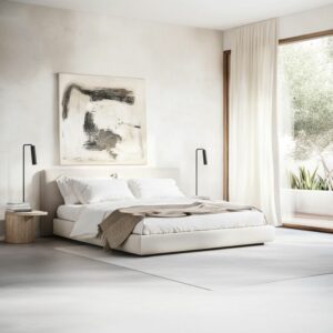 Arredamento casa minimal con letto moderno e comodini legno