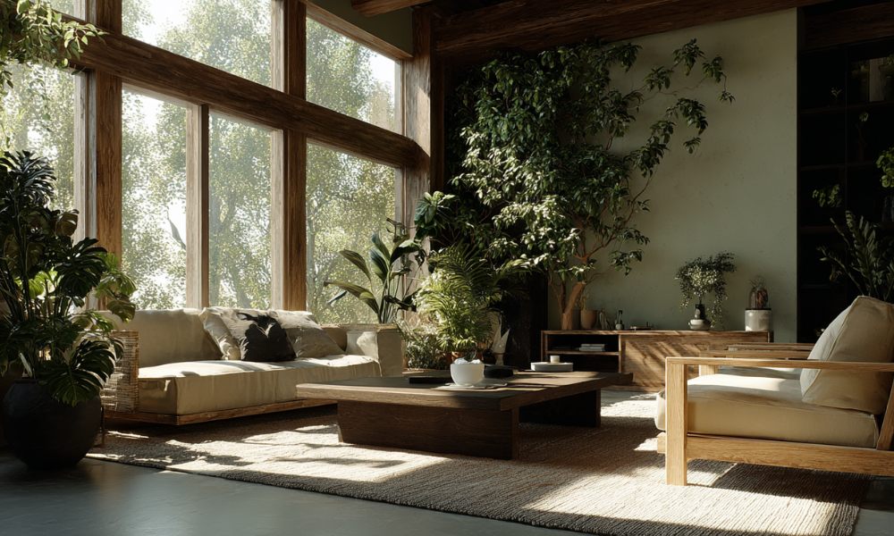 Biophilic deisgn living in legno con vetrata e piante