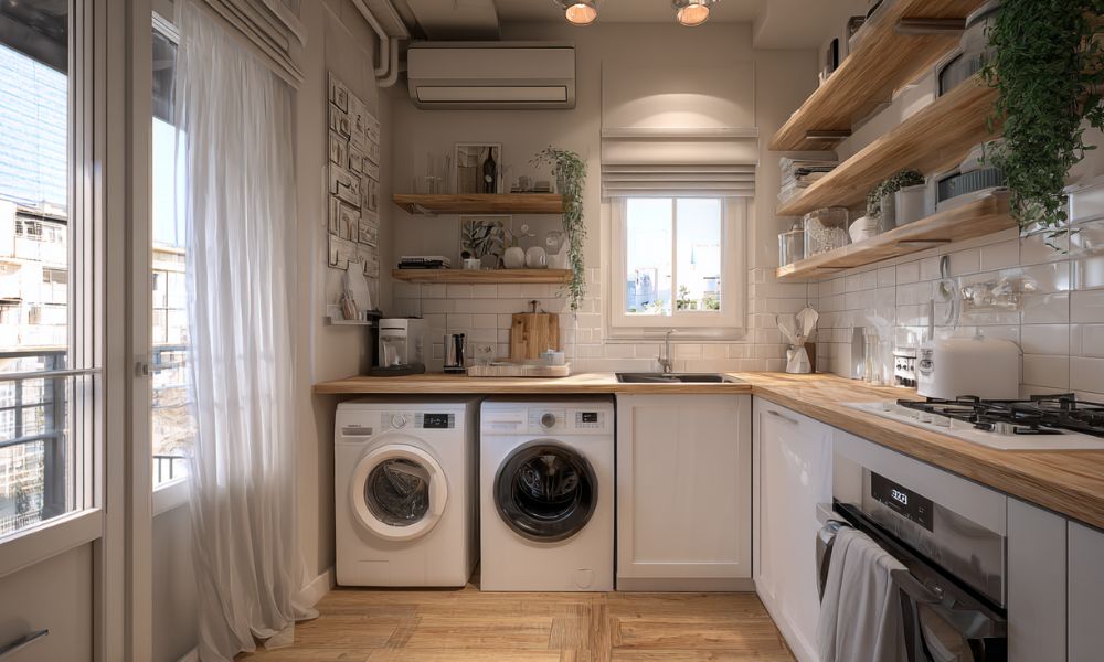 Arredo spazi piccoli - cucina moderna angolare bianca e legno