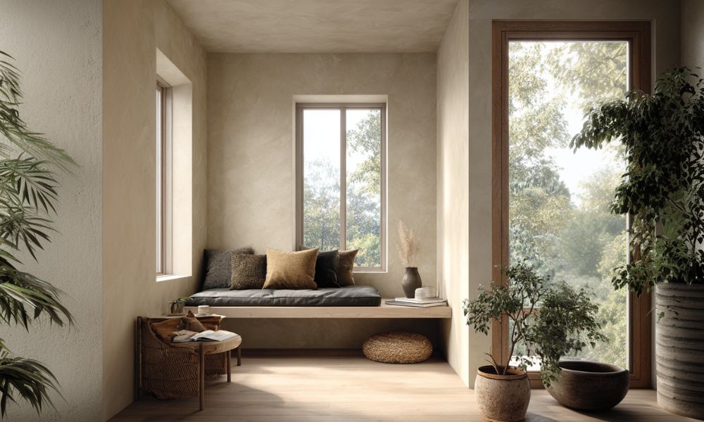 Design sensoriale ambiente living con luce naturale, legno e piante