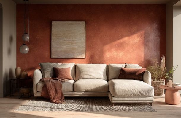 Soggiorno moderno e accogliente con divano beige a penisola, parete color terracotta con finitura materica, cuscini e plaid nei toni caldi, tappeto chiaro, tavolino in ceramica e luce naturale che entra da una grande finestra laterale.