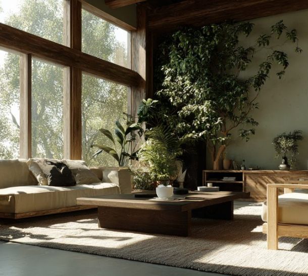Biophilic deisgn living in legno con vetrata e piante