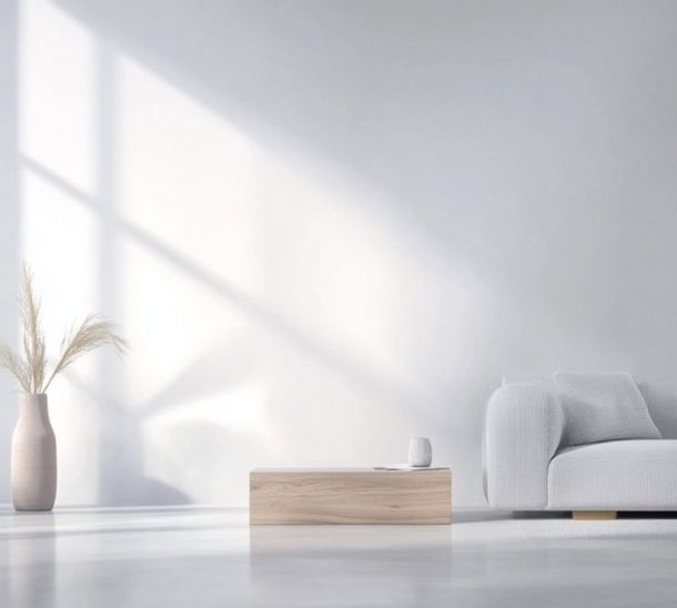 Arredamento minimalista con divano in tessuto grigio