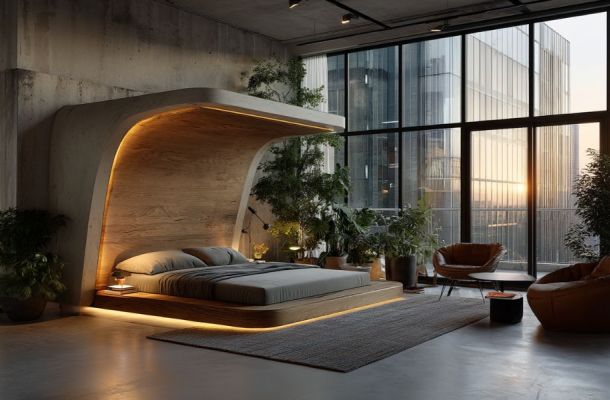 Camera da letto moderna con letti intelligenti del futuro, struttura in legno curvo con illuminazione integrata, grandi vetrate e atmosfera rilassante pensata per il benessere e il sonno.